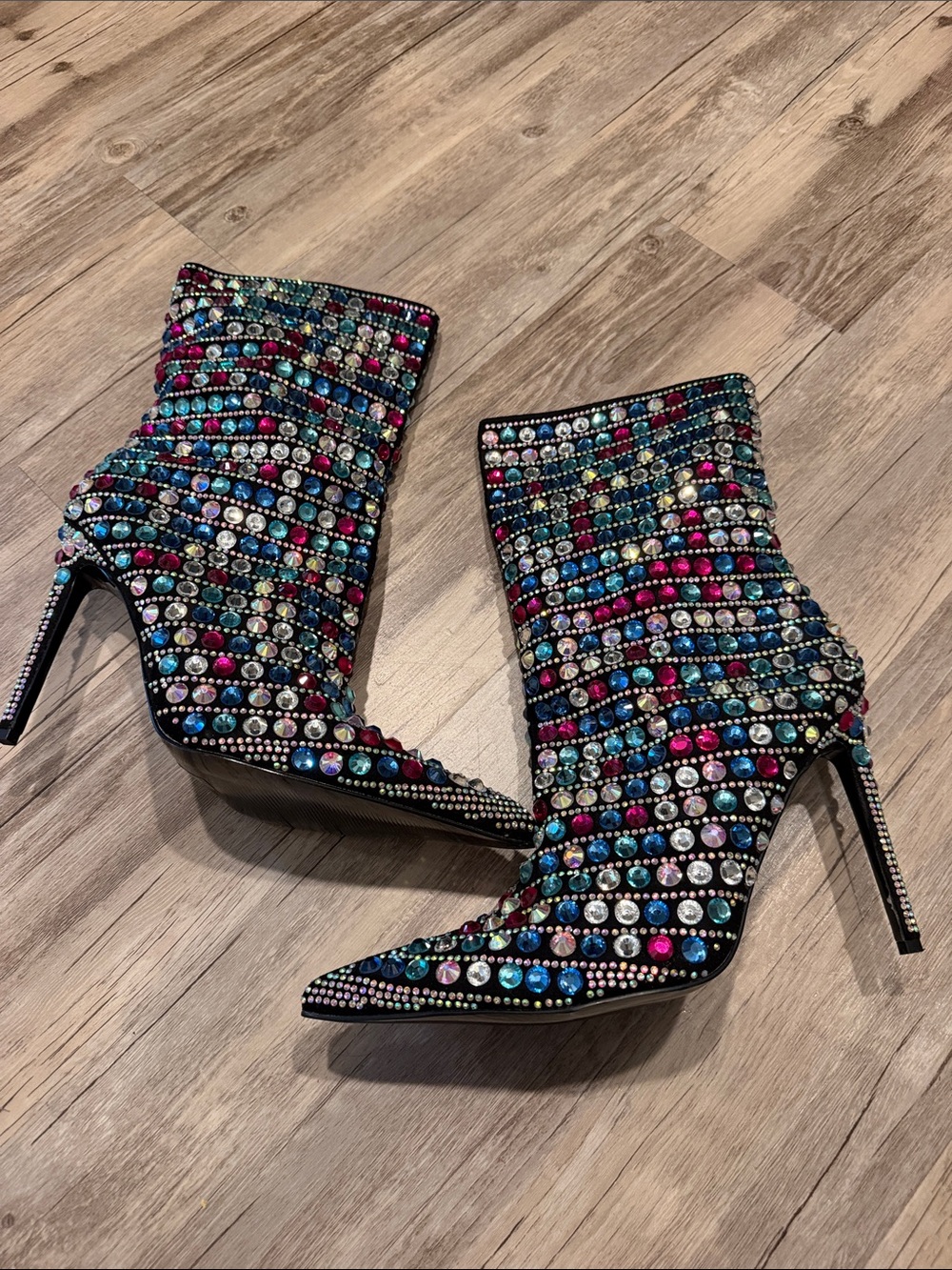Multicolor Crystal Embellished Black Ankle Booties